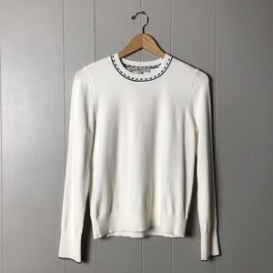 LOFT WHITE THIN KNIT SWEATER BLOUSE BLACK ACCENT COLLAR & CUFF WOMENS MEDIUM